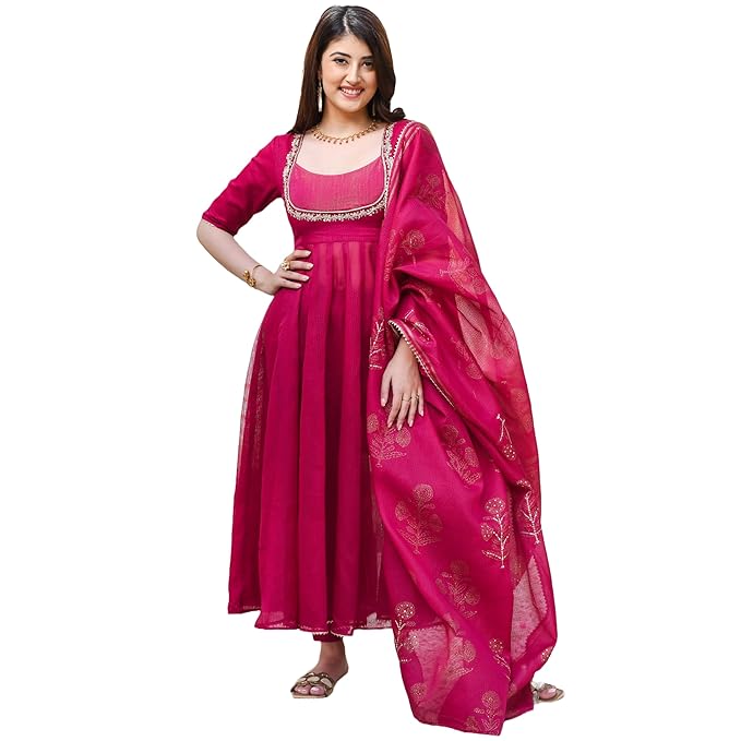 Women's Rayon Viscose Embroidered Anarkali Kurta with Pant & Dupatta